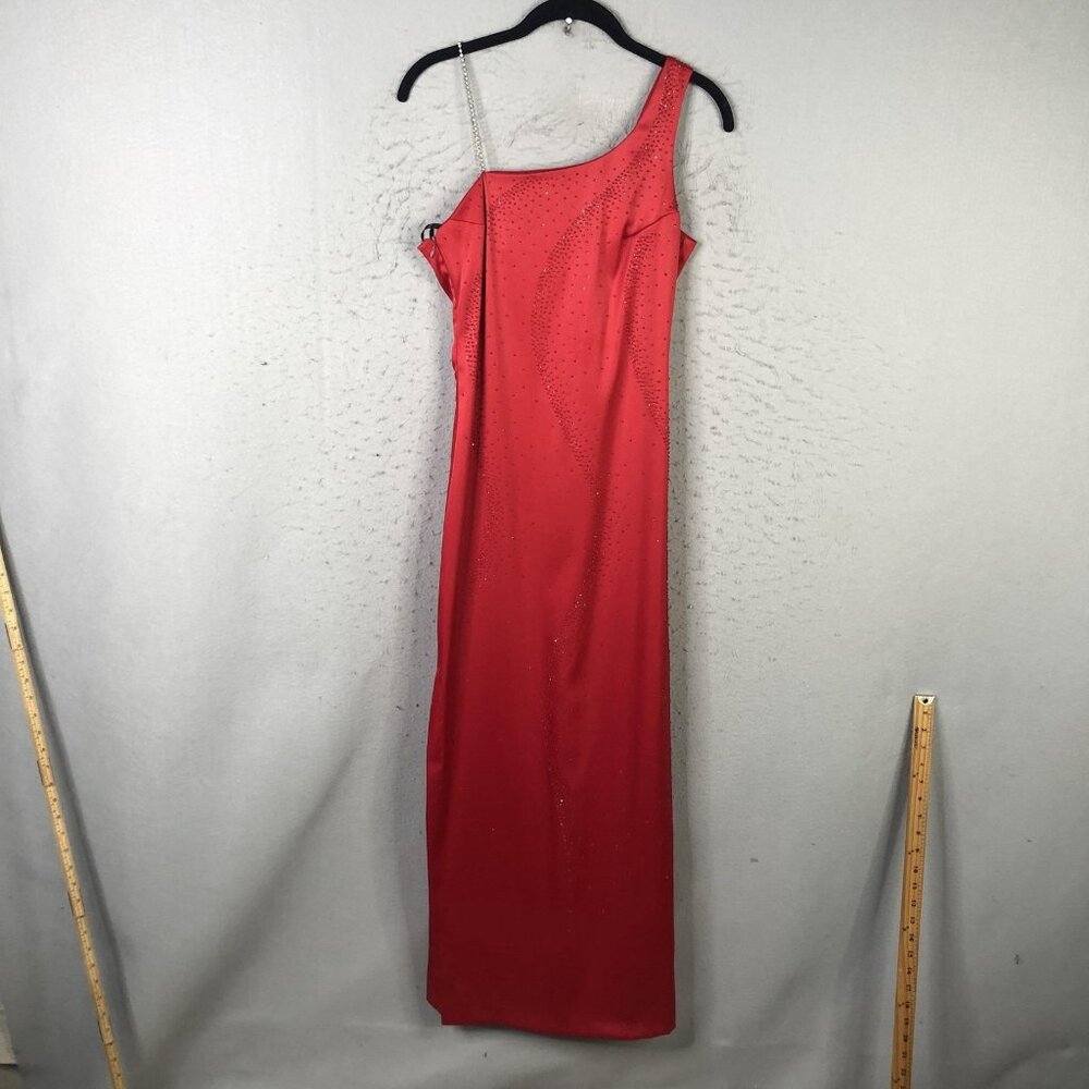 Dress Juniors 5 Red One Shoulder Rhinestone Satin Sheath Prom Gown Formal Prom